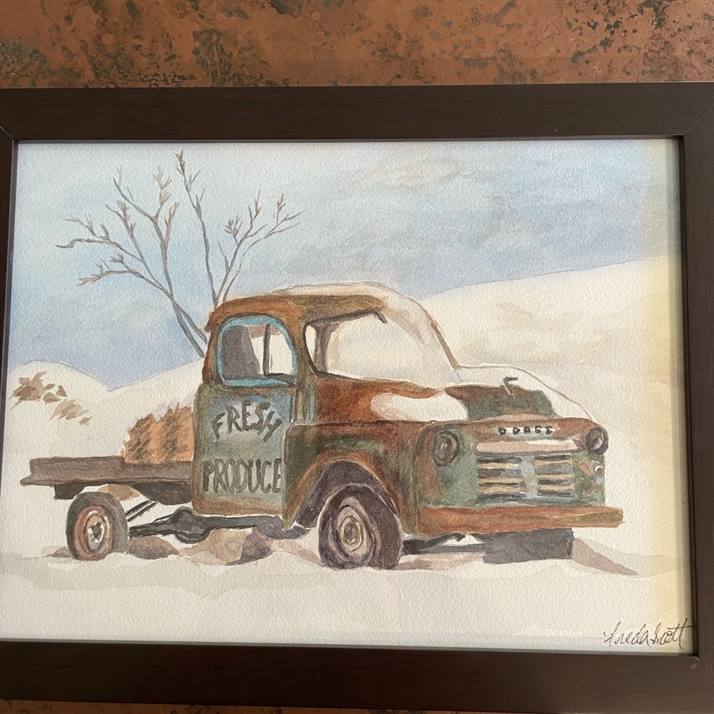 Vintage Truck Art Print with Brown Frame